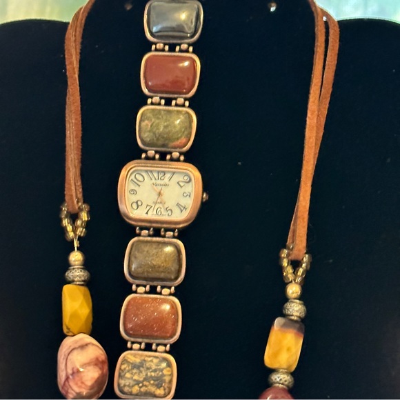 ladies Versales watch & necklace antique, natural polished rocks inlay in copper - Picture 7 of 14